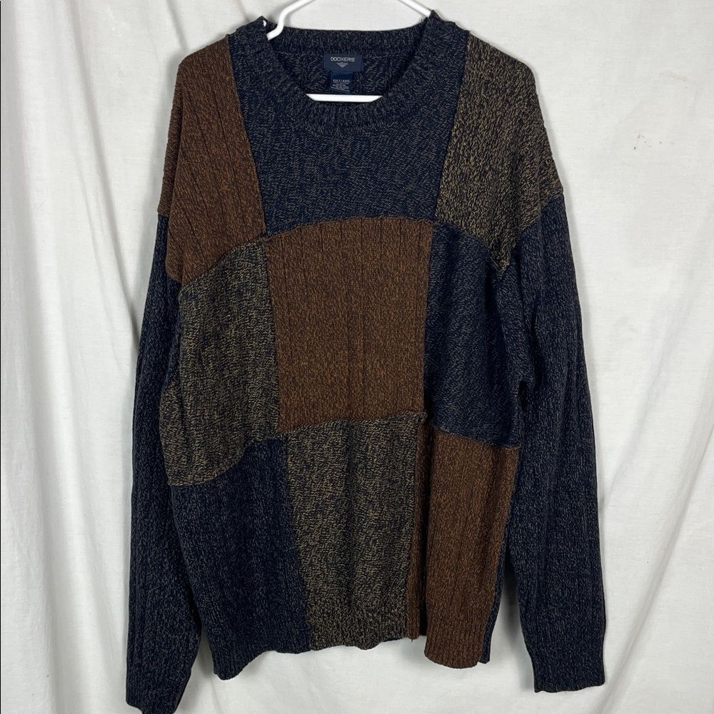 Vintage Dockers Patchwork Blue and Brown Grandpa Sweater